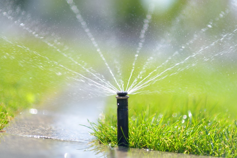 Automatic garden sprinkler in a public park. Gardening equipment. Watering the grass on lawn on a sunny summer day